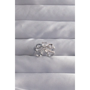 Pirinç Ayarlamalı Gümüş Renk Zirkon Taşlı 2li Görünüm Fiyonk Yüzük