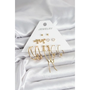 Pirinç Gold Renk 6 Çiftli Kadın Küpe Seti