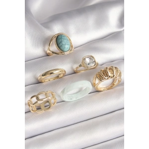 Pirinç Gold Renk Kare Zirkon Taşlı Sarmal Model Mavi Taş Detay 6Lı Kadın Yüzük Seti