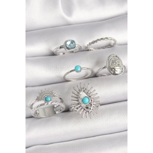 Pirinç Gümüş Renk Mavi Taşlı Kare Zirkon Taş Detaylı Kadın Yüzük Kombini