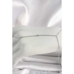 Pirinç Gümüş Renk Su Yolu Zirkon Taşlı Mavi Taş Detaylı Kadın Şahmeran