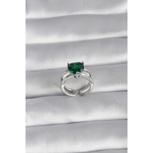 Pirinç Gümüş Renk Yeşil Zirkon Taşlı Tek Taş Model Kadın Yüzük