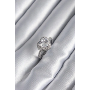 Pirinç Gümüş Renk Zirkon Taş Kalp Charm Model Kadın Yüzük