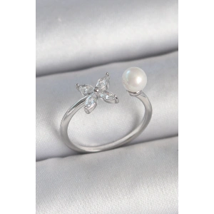 Pirinç Gümüş Renk Zirkon Taşlı Çiçek Model İnci Detay Ayarlanabilir Kadın Yüzük