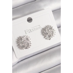 Pirinç Gümüş Renk Zirkon Taşlı Yonca Model Kadın Küpe