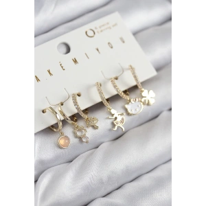 Pirinç Zirkon Taşlı Hello Kity Ve Yonca Model Gold Renk 6lı Küpe Set