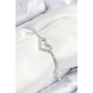 Pirinç Zirkon Taşlı Kalp Model Gümüş Renk Asansörlü Kadın Bileklik