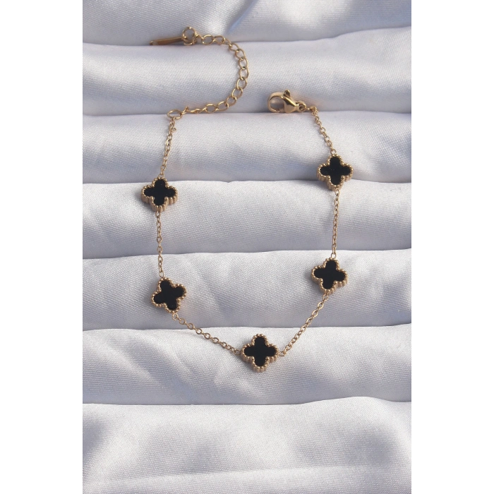 316L Çelik Baby Boy Gold Renk Siyah Mineli Yonca Bileklik