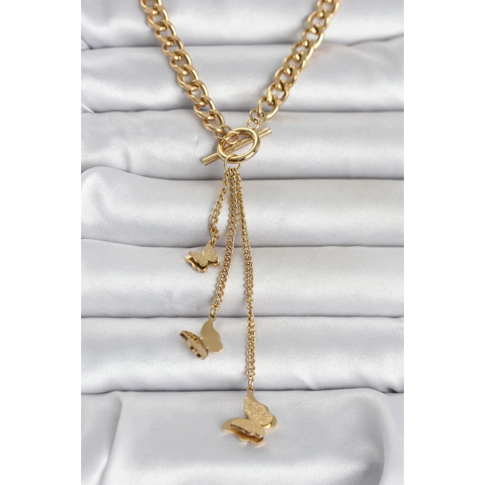 316L Çelik Gold Renk Kelebek Sallantılı Kadın Kolye