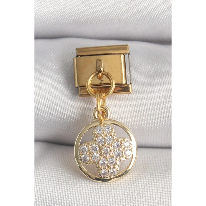 316L Çelik Gold Renk Sallantı Zirkon Taşlı Yonca Model Nomination Charm