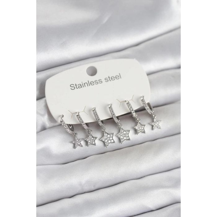 316L Çelik Gümüş Renk 6lı Set Yıldız Model Kadın Küpe
