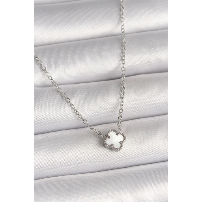 316L Çelik Gümüş Renk Beyaz Yonca Model Kadın Kolye
