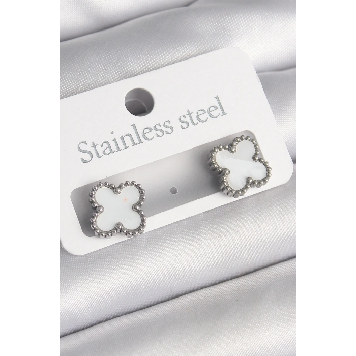 316L Çelik Gümüş Renk Beyaz Yonca Model Kadın Küpe