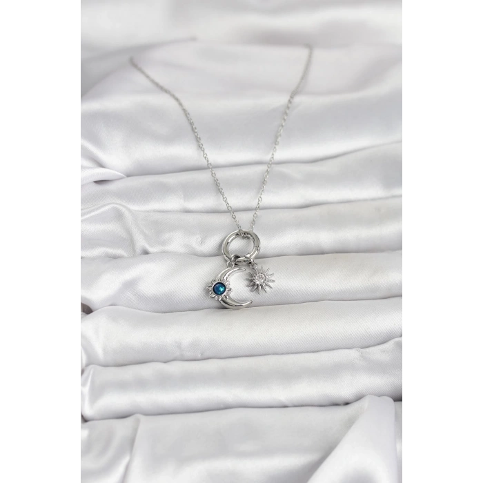 316L Çelik Gümüş Renk Gece Gündüz Tema Charmlı Kadın Kolye