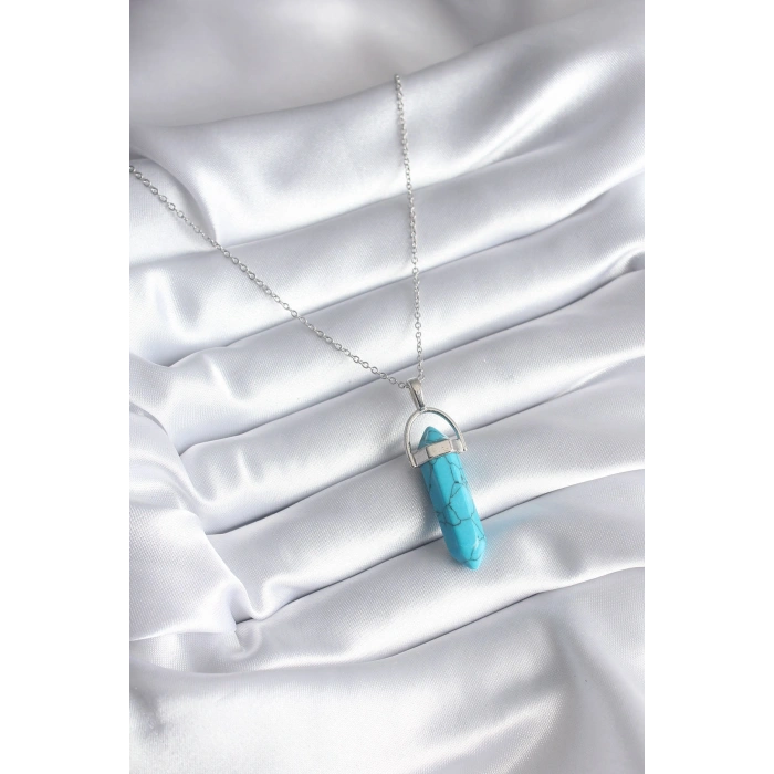 316L Çelik Gümüş Renk Mavi Taşlı Model Kadın Kolye