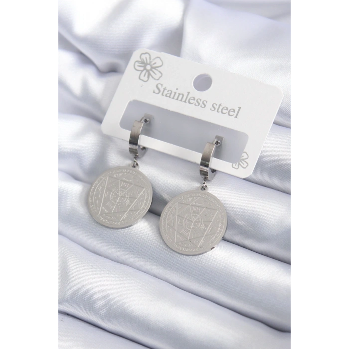 316L Çelik Gümüş Renk Pentagram İşleme Model Kadın Küpe