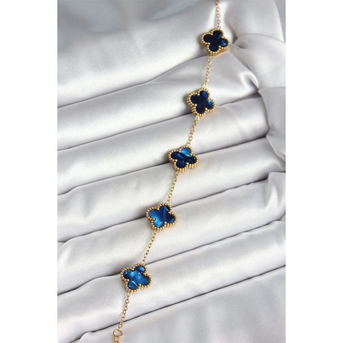 316L Çelik Sedefli Lacivert Gold Renk Yonca Kadın Bileklik