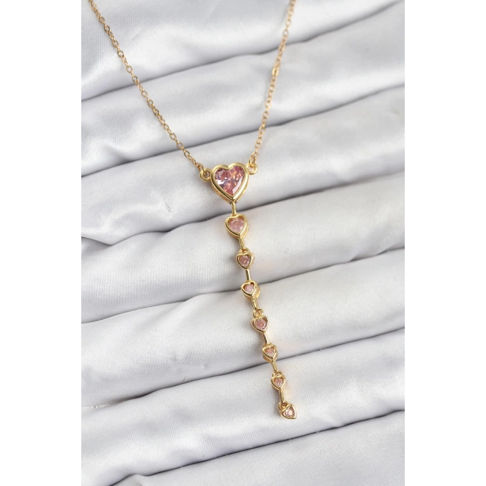 316L Çelik Zincir Gold Renk Pembe Kalp Kadın Kolye