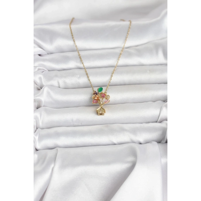 316L Çelik Zincir Gold Renk Uçan Balon Ev Figür Kadın Kolye