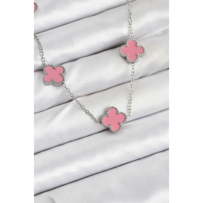 316L Çelik Zincir Gümüş Pembe Renk Yonca Kadın Kolye