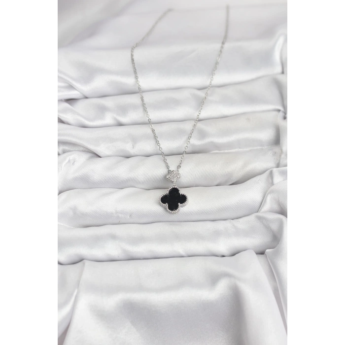 316L Çelik Zincir Gümüş Renk Yonca Model Zirkon Taşlı Kadın Kolye