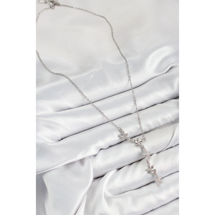 316L Çelik Zirkon Taşlı Çiçek Model Gümüş Renk Kadın Kolye