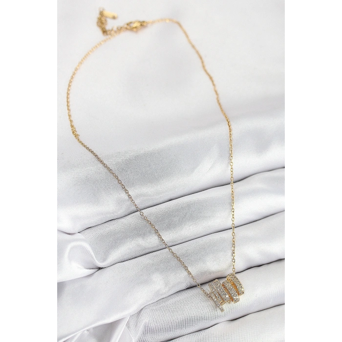 316L Çelik Zirkon Taşlı Sarmal Model Gold Renk Kadın Kolye