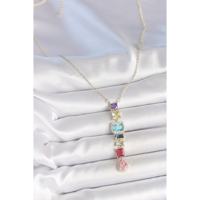 Gold Karışık Renk Zirkon Taşlı Y Pirinç Kolye