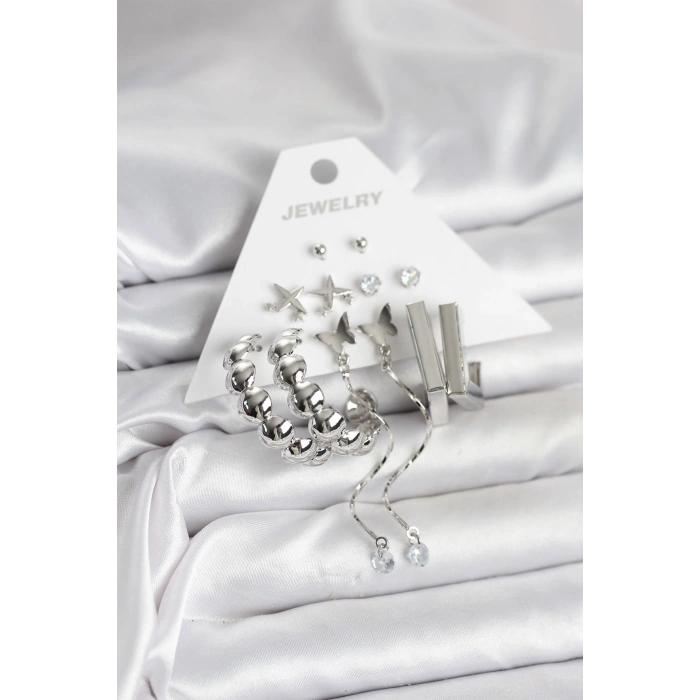 Gümüş Renk Pirinç 6lı Kadın Küpe Seti