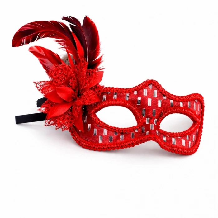 Kırmızı Tüylü Balo Maskesi Kadın Parti Aksesuarı