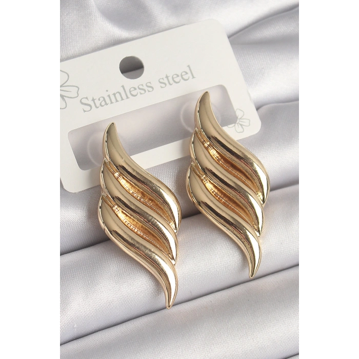 Pirinç Gold Renk 3 Sıra Dalga Model Kadın Küpe
