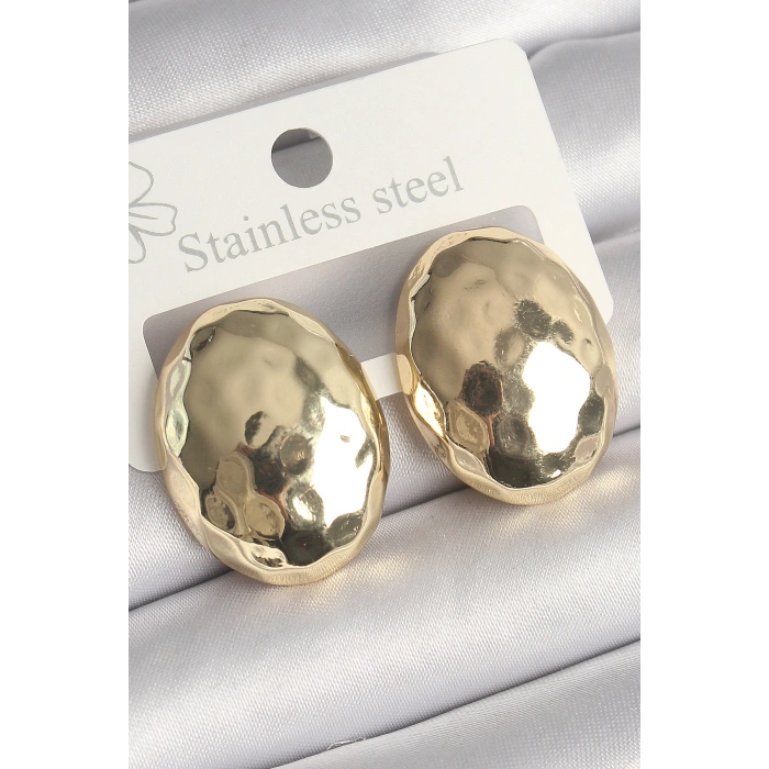 Pirinç Gold Renk İşlemeli Bombe Oval Model Kadın Küpe