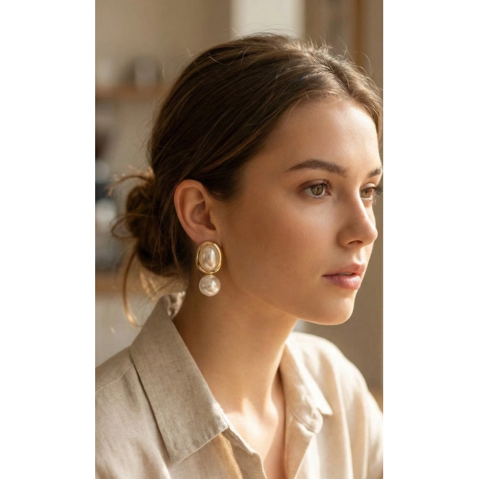 Pirinç Gold Renk Model İncili Kadın Küpe