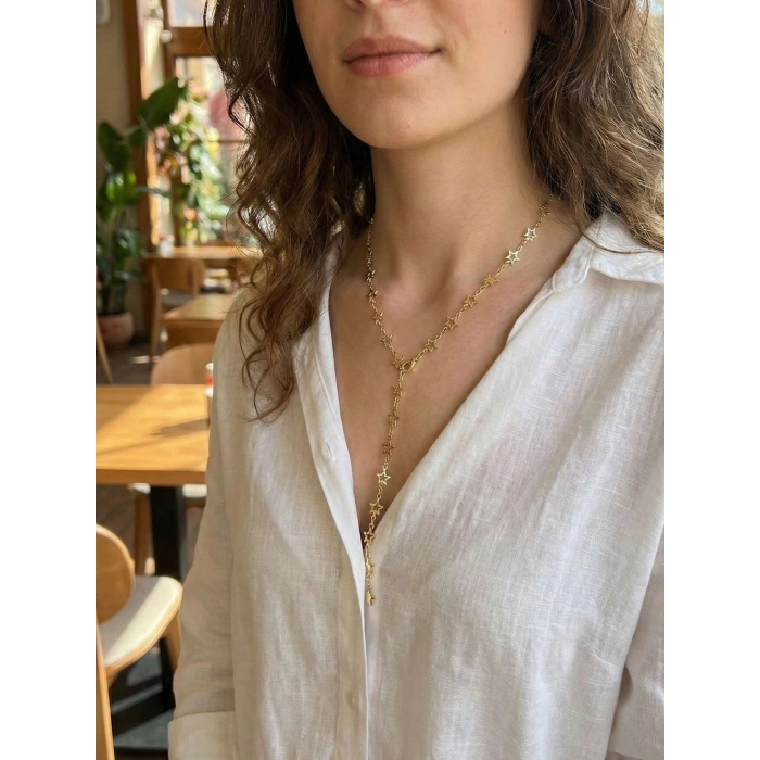 Pirinç Gold Renk Yıldızlı Kadın Y Kolye