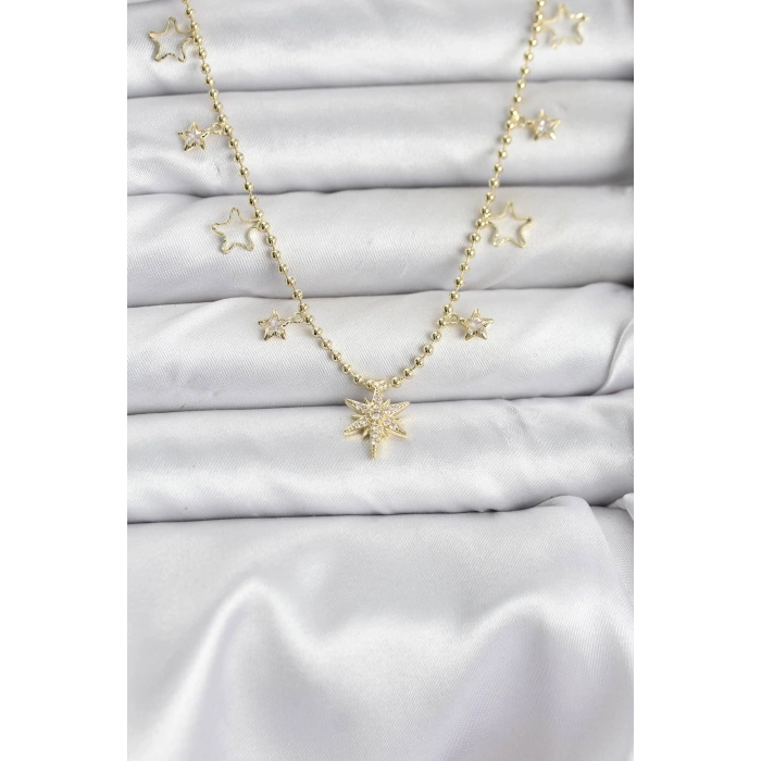 Pirinç Gold Renk Zirkon Taşlı Kutup Yıldızı Model Kadın Kolye