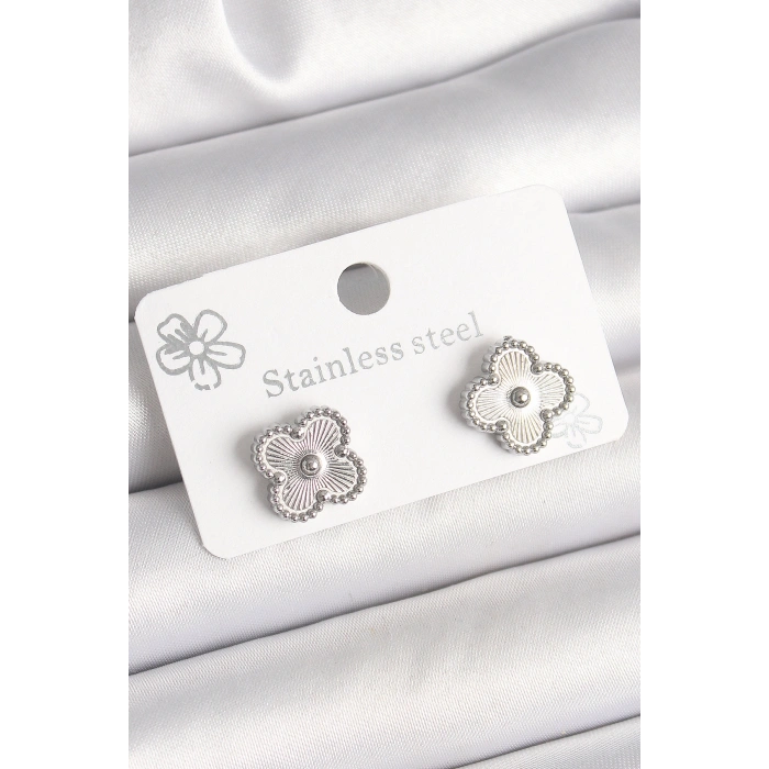 Pirinç Gümüş Renk İşlemeli Yonca Model Kadın Küpe