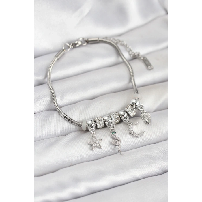 Pirinç Gümüş Renk Yılan Charmlı Kadın Bileklik