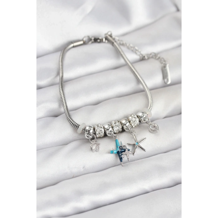 Pirinç Gümüş Renk Yıldız Model Charmlı Kadın Bileklik