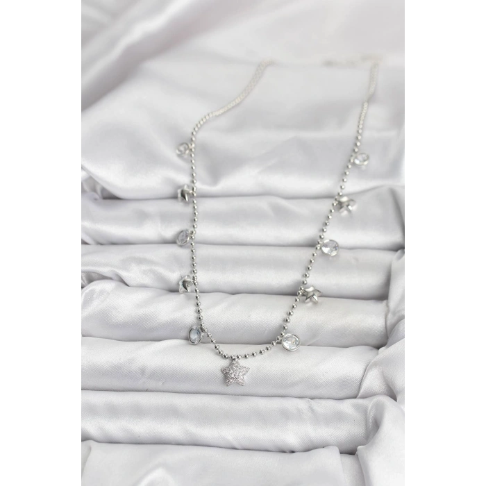 Pirinç Gümüş Renk Yıldız Model Kadın Kolye