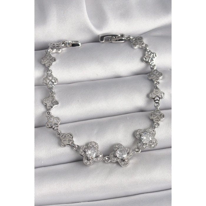 Pirinç Gümüş Renk Zirkon Taşlı Yonca Model Kadın Bileklik