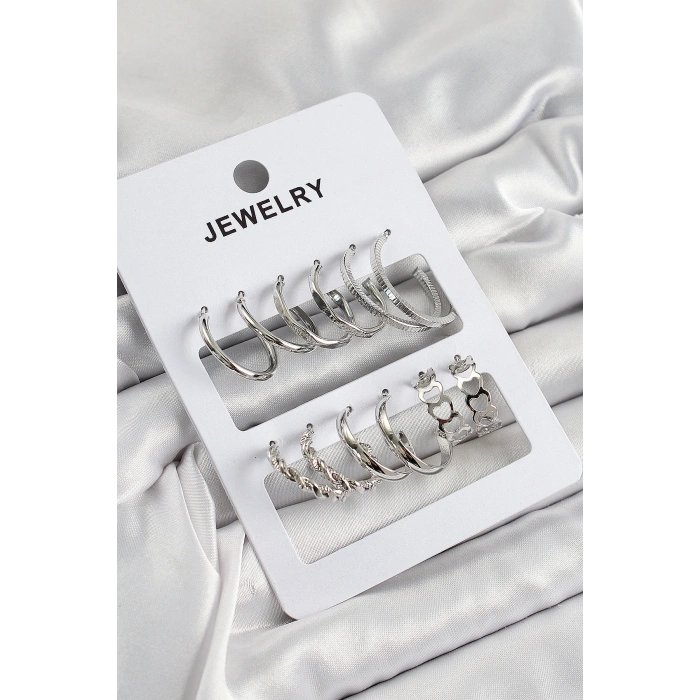 Pirinç Karışık Halka Model Gümüş Renk 6 Çift Kadın Küpe Set