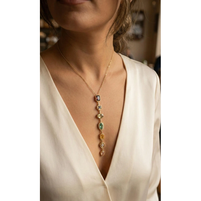 Pirinç Renkli Zirkon Taşlı Model Gold Renk 7 Element Kadın Y Kolye