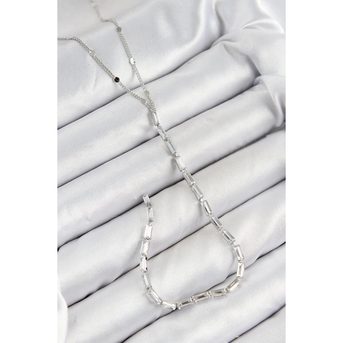 Pirinç Zirkon Taşlı Model Gümüş Renk Y Kolye