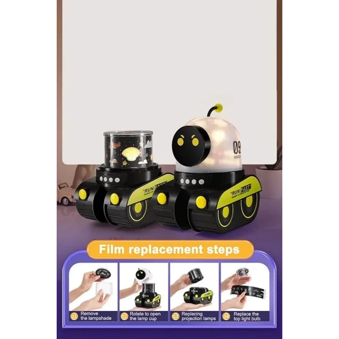 Robot Projeksiyon Gece Lambası Hoparlörlü Şarjlı Yıldızlı Gökyüzü Temalı Led Projeksiyon Lambası