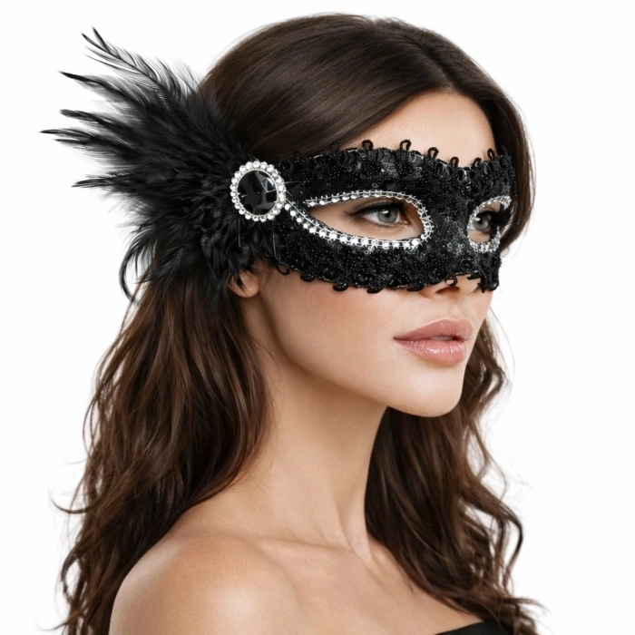 Siyah Taşlı Venedik Parti Maskesi – Tüylü Payetli