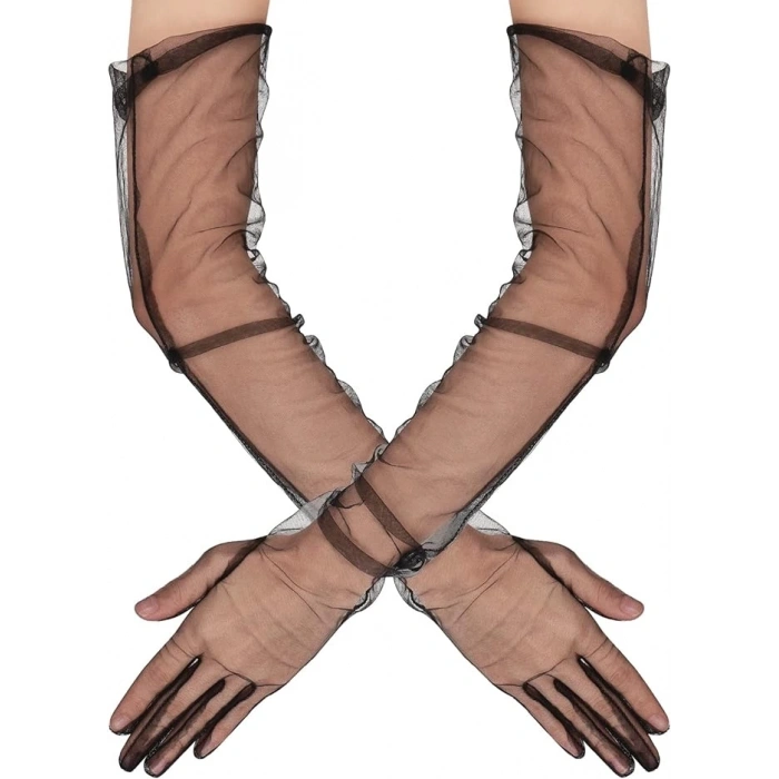 Uzun Boy Likralı Siyah Renk Yetişkin Mega Tül Eldiven 53 Cm