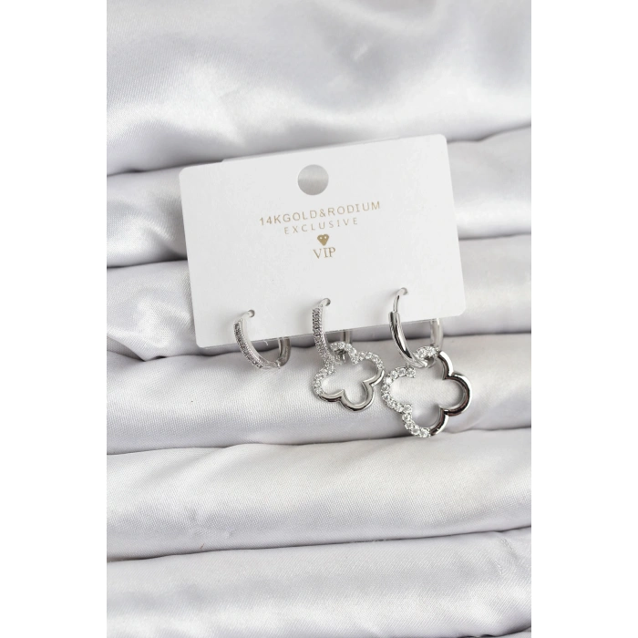 Yonca Model Gümüş Renk Pirinç 3lü Kadın Küpe Seti