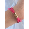 Pembe Renk Zirkon Taşlı Deri Çoklu Bileklik