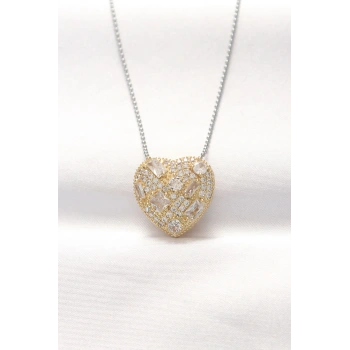 316L Çelik Çift Renk Zirkon Taşlı Kalp Kolye