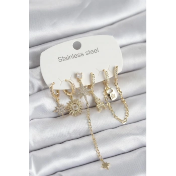 316L Çelik Gold Renk 6lı Set Charmlı Kadın Küpe
